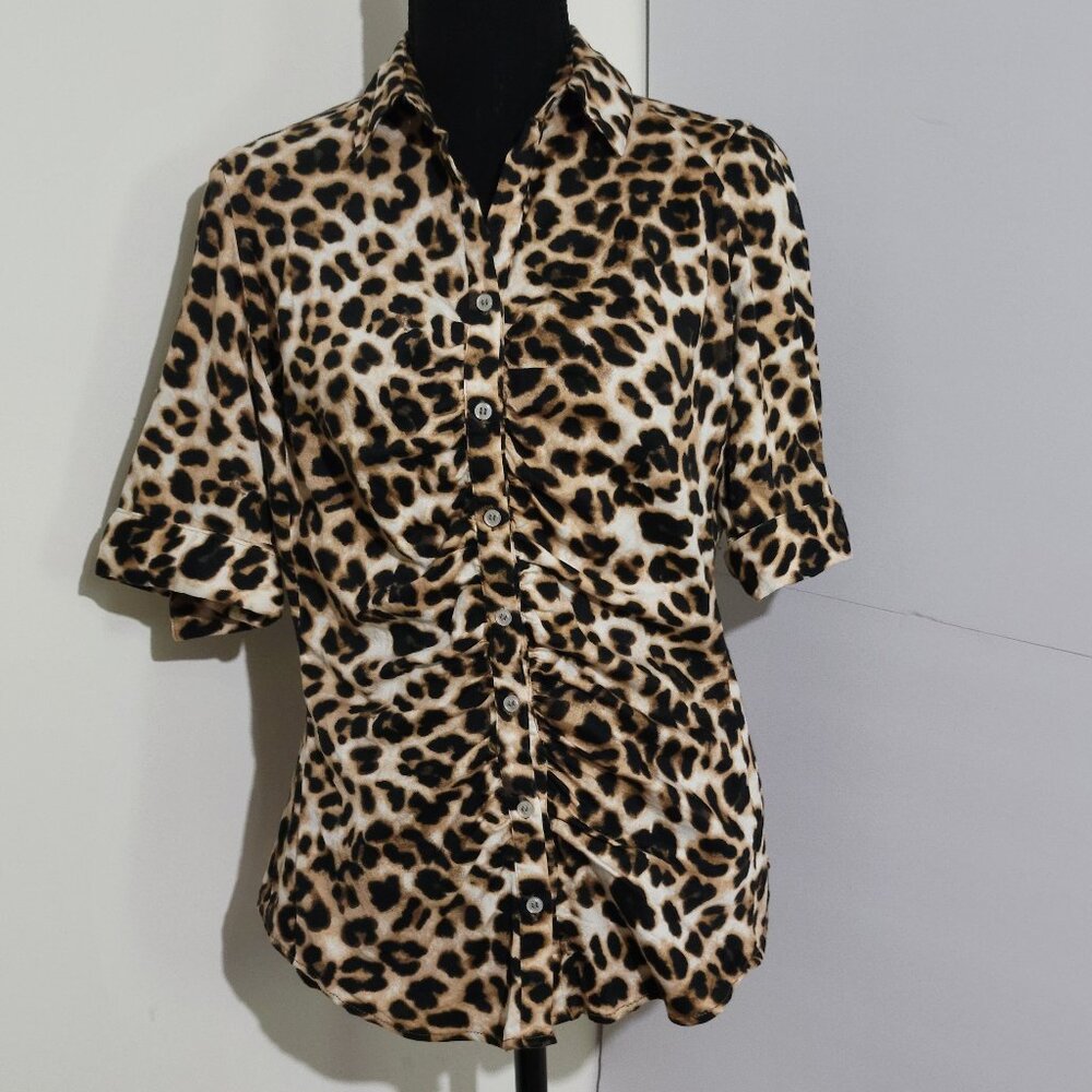 7th Ave Design Studio New York Animal Print Button Up Fitted Blouse Size Small
